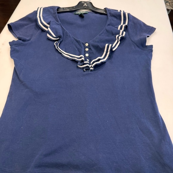 Lauren Ralph Lauren navy blue w/Ruffled V-Neck with white accents Size large - Picture 7 of 7